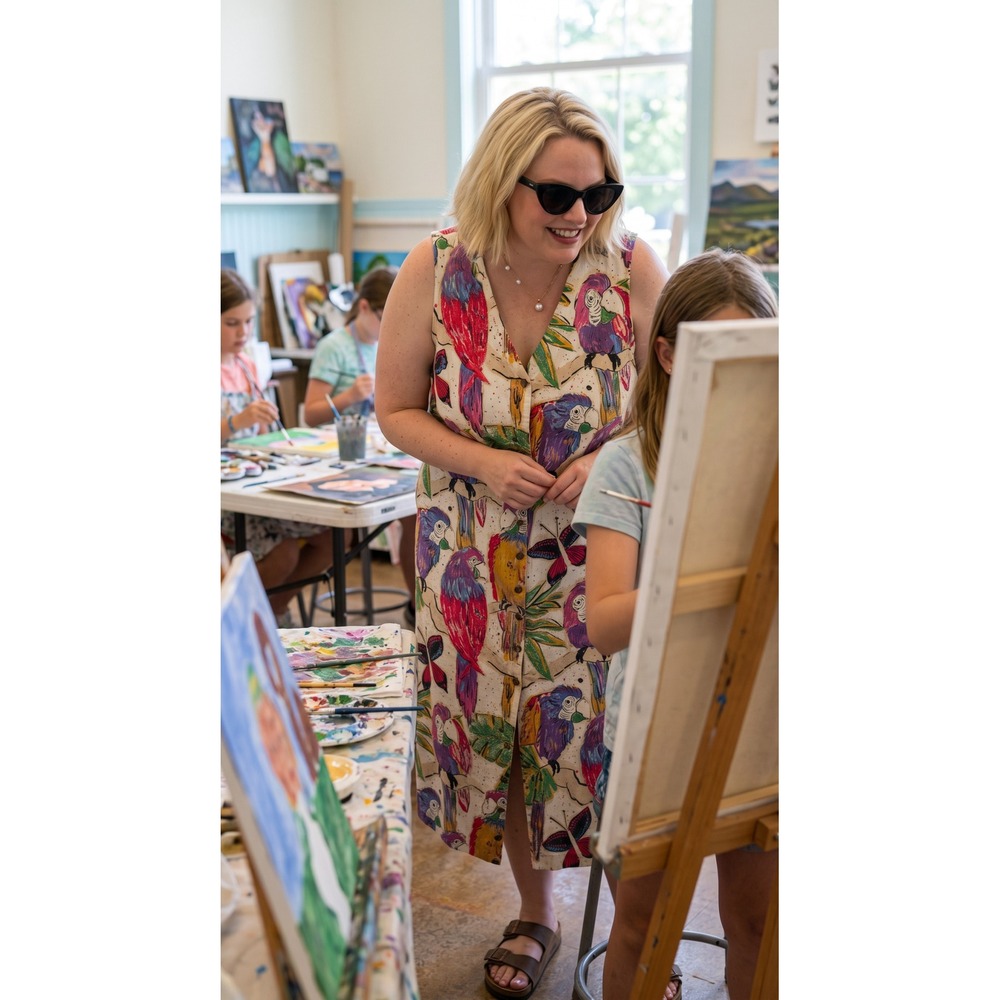 Vintage Handmade Multicolored Parrot Themed Artsy Button Up Maxi Dress L Birds